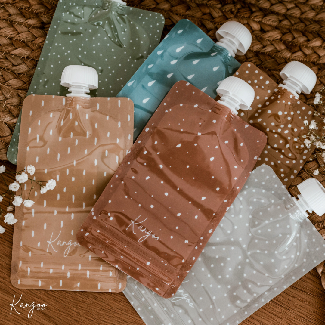 STARTER PACK Reusable pouches Neutral (6x) + Boho (6x) + Organizer + Brush + Anti-spill spouts + Drainer