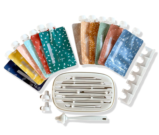 STARTER PACK Reusable pouches Neutral (6x) + Boho (6x) + Organizer + Brush + Anti-spill spouts + Drainer
